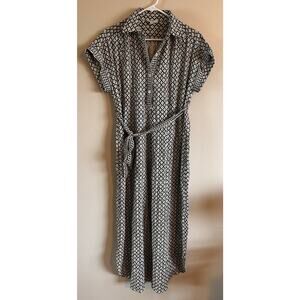 Max Studio London Dress XS Black White Geometric Print Tie Waist Midi